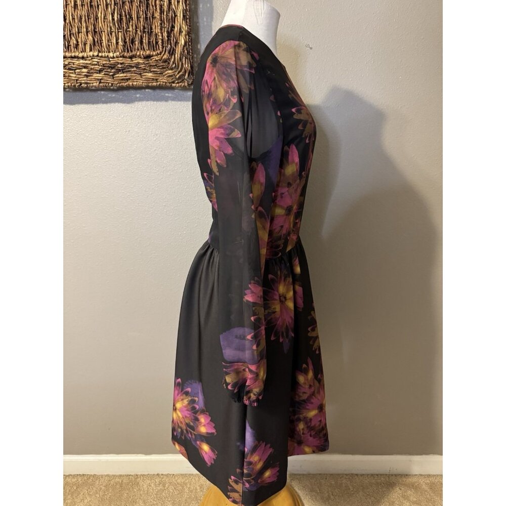 Taylor Dress 12 Black Plum Pink Floral Sheer Long Sleeve A Line Stretch NEW - Picture 9 of 15